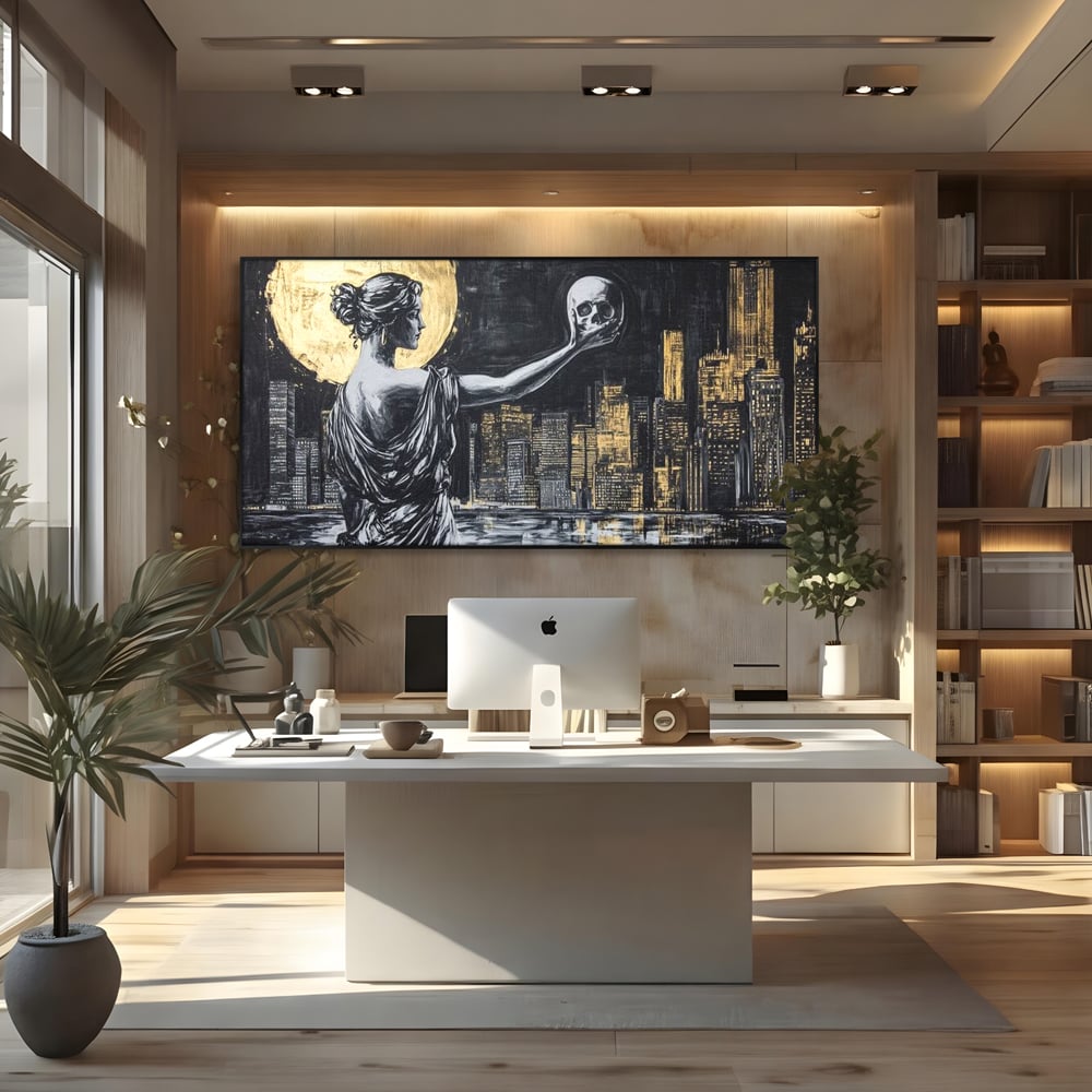 Tablou canvas cu tablou canvas cu femeie si craniu, in rama de aluminiu negru, pe perete intr-un birou